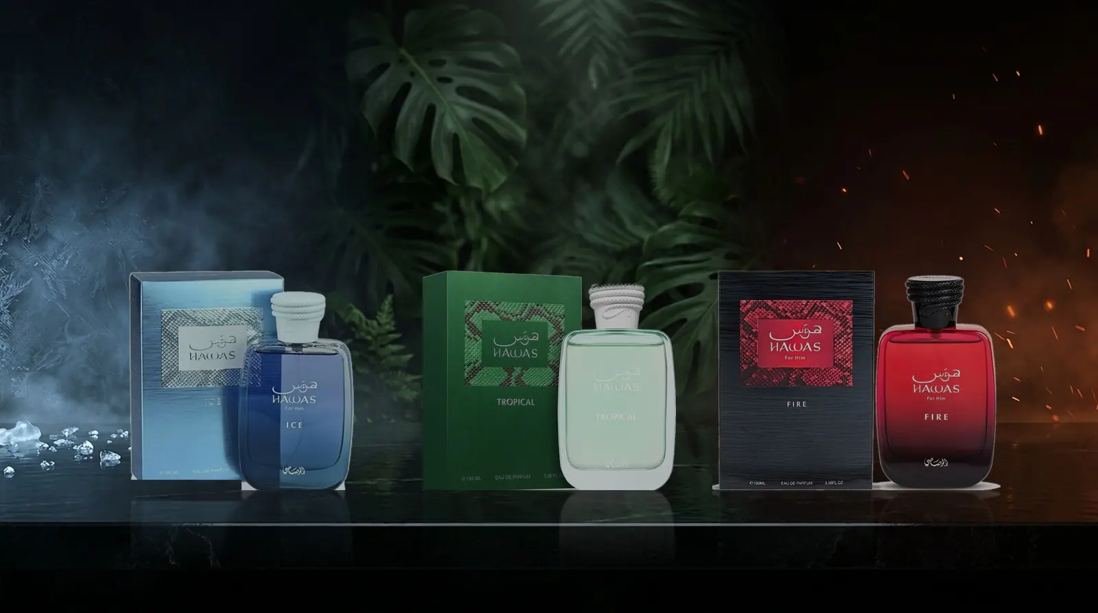 Hawas Ice, Hawas Tropical y Hawas Fire de Rasasi con sus cajas, sobre piedra mojada entre hielo, hojas y brasas
